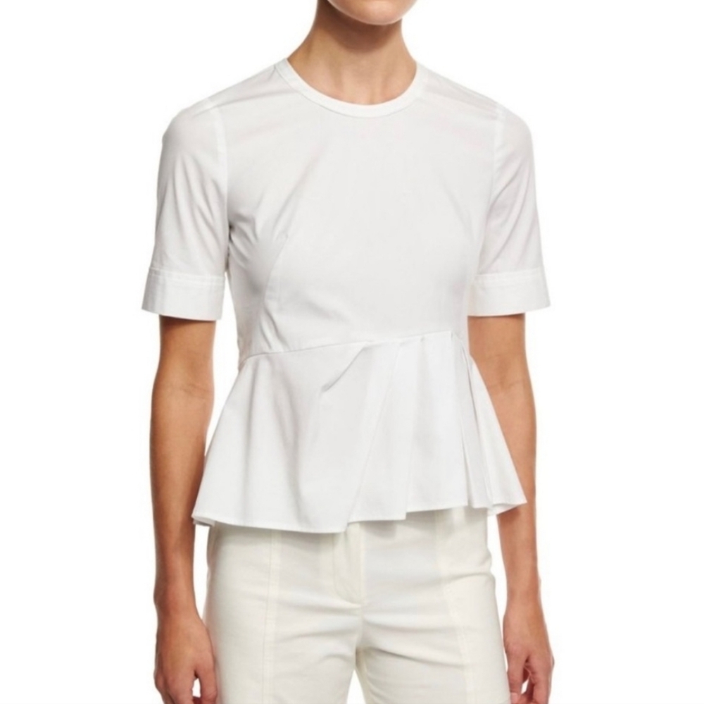 Veronica Beard White Pleated Hem Peplum Top Short Sleeve Top Crisp Cotton 6